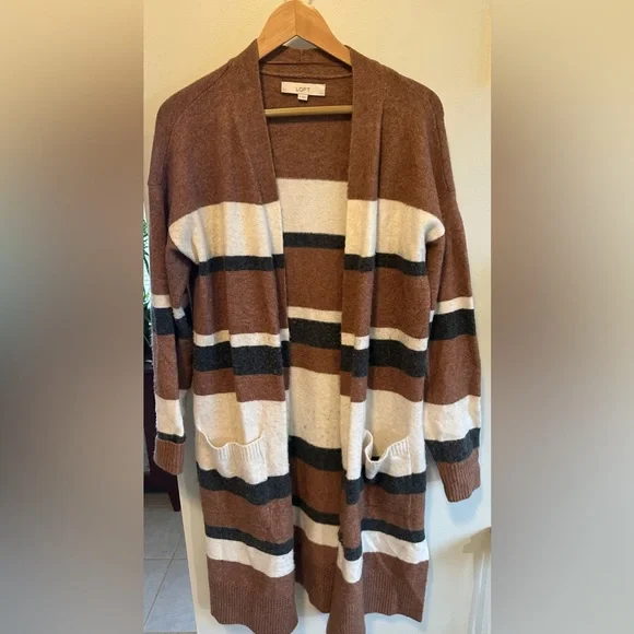 Boho Wool Long Open Cardigan Striped Cozy Sweater Size Medium - Picture 1 of 4